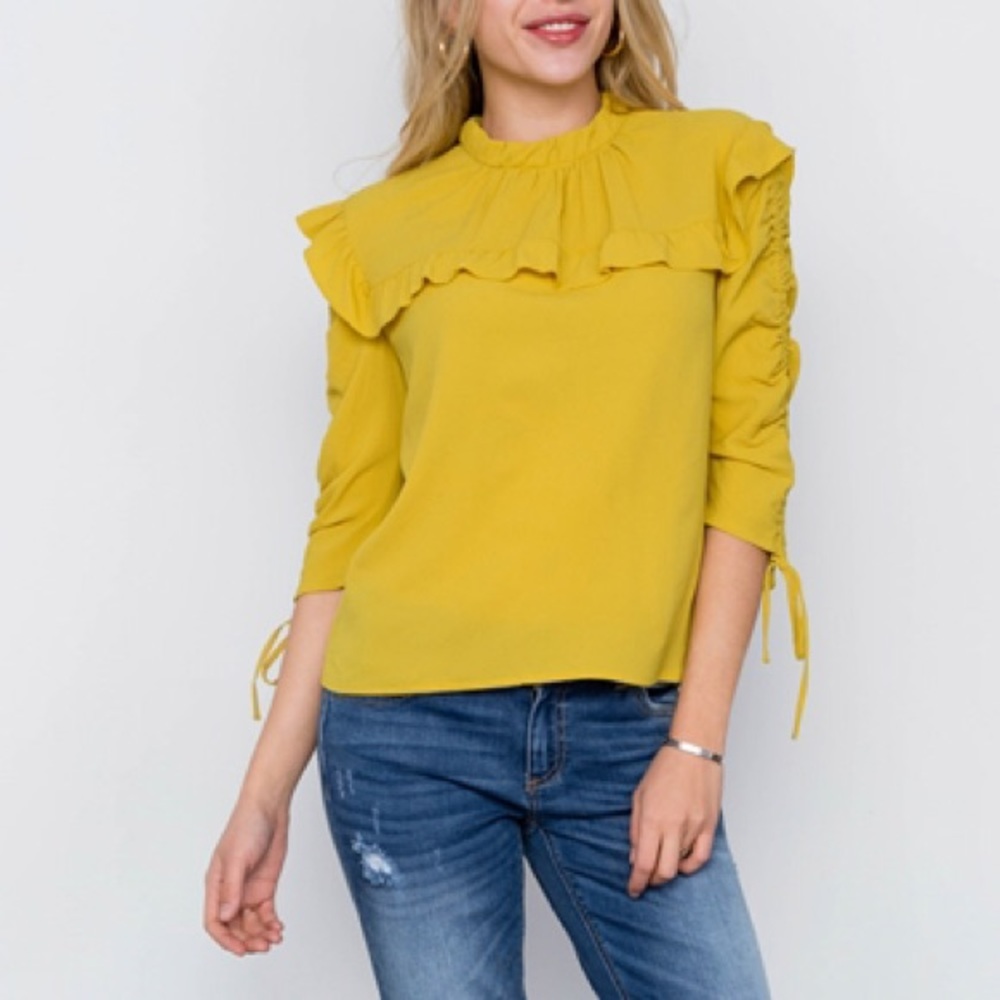 NWT Mustard Yellow Ruffle + ruched sleeve blouse